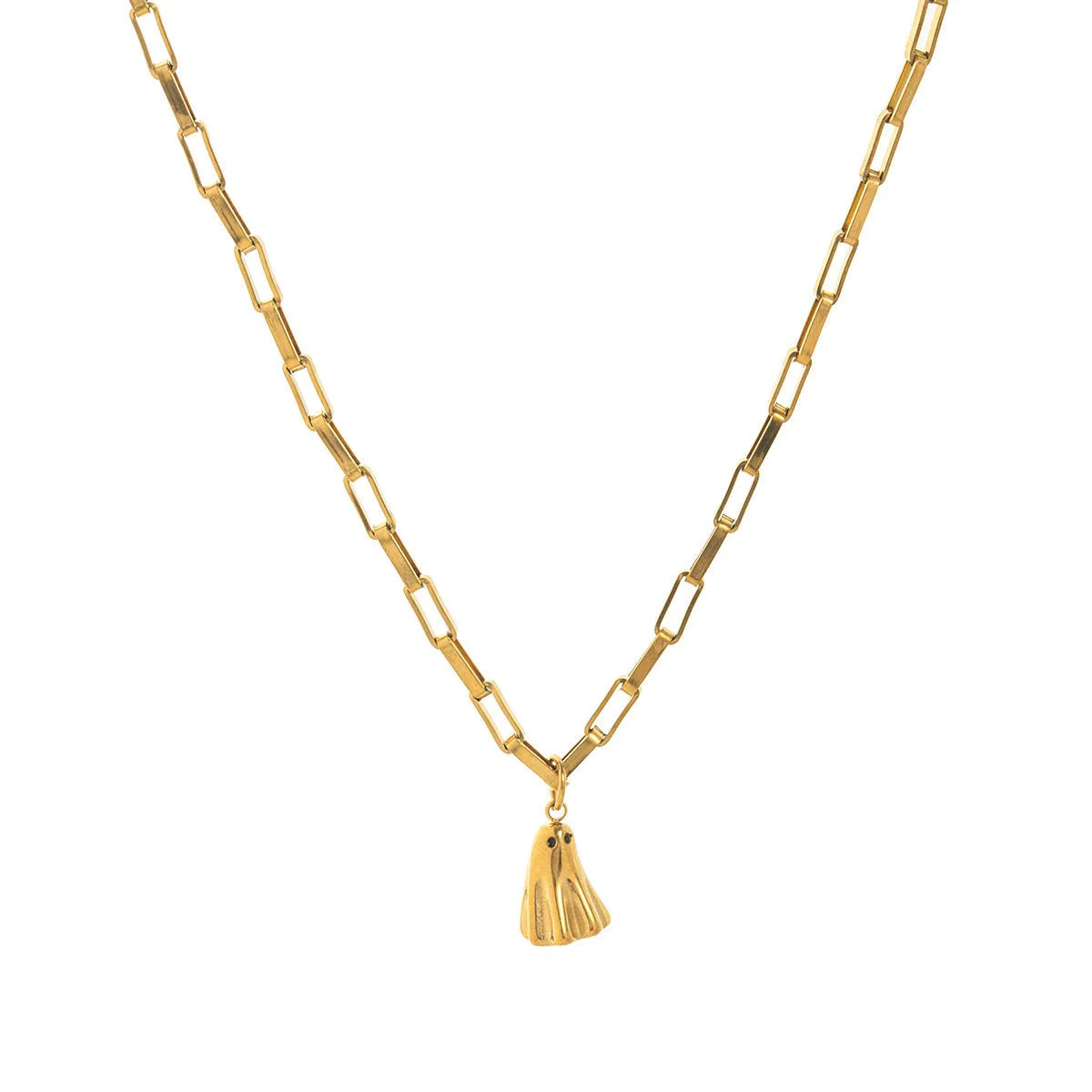Ghost pendant necklace on a twisted stainless steel chain, shown in Cable, Figaro, and Mini Staple style options.