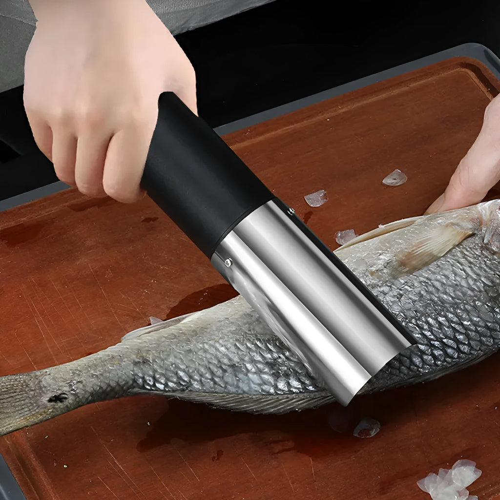 125W handheld electric fish scaler machine in black with charging base and fish scale scraper