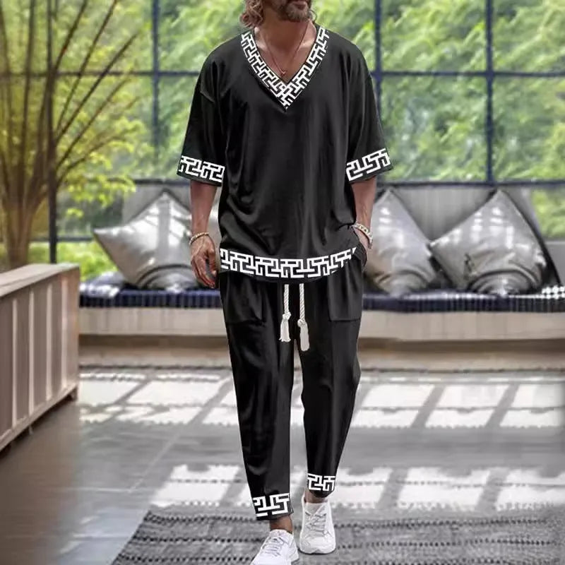 Cropped sleeves V-neck trousers suit in thin polyester fabric with matching top and pants