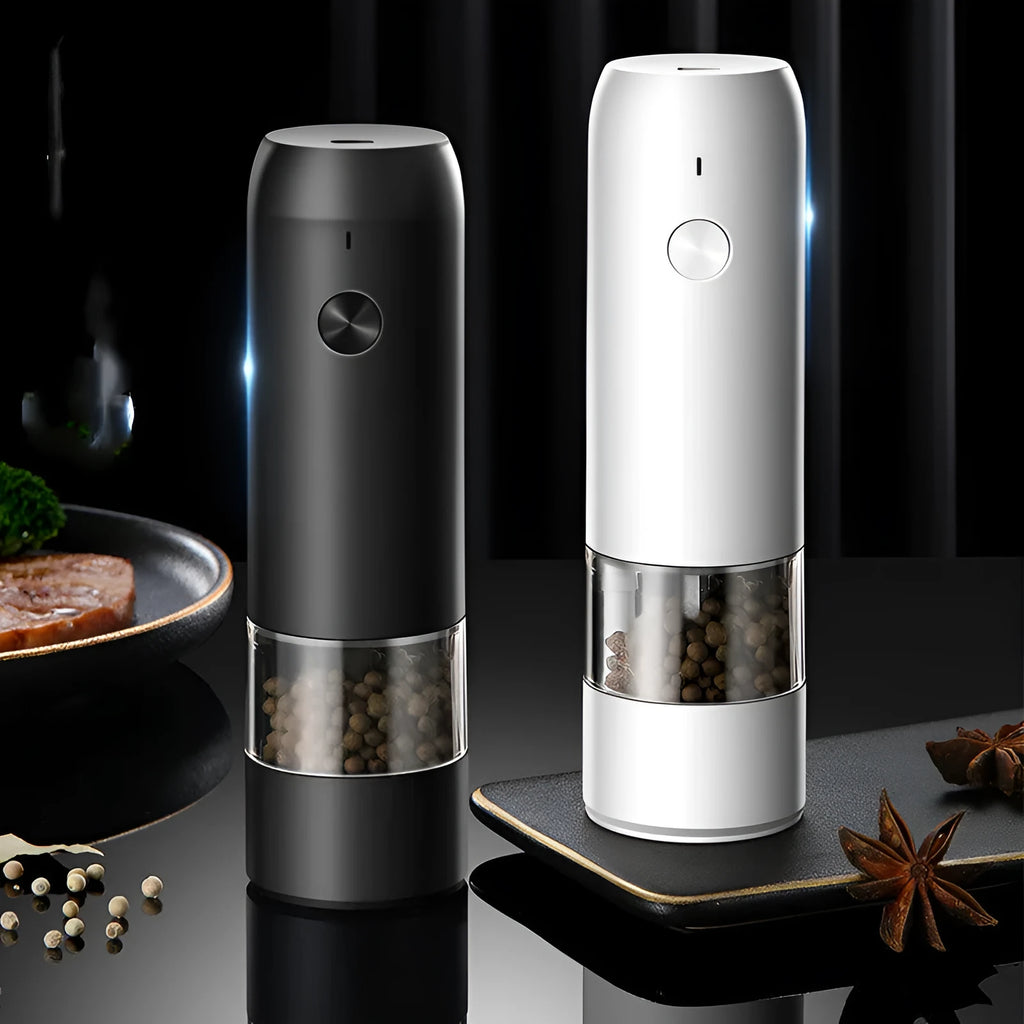 Rechargeable electric pepper and salt grinder set with clear acrylic body and ceramic grinding mechanism
