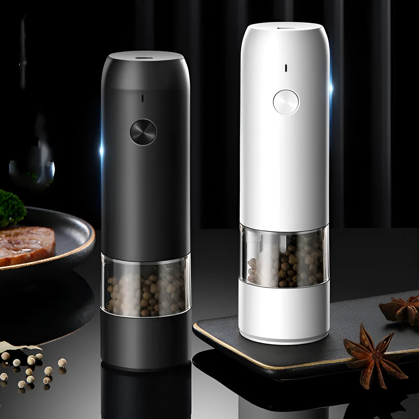 Rechargeable electric pepper and salt grinder set with clear acrylic body and ceramic grinding mechanism