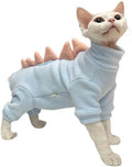 Sphynx cat wearing dinosaur costume with spikes and tail in soft fleece material