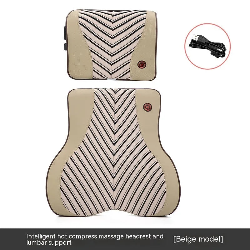 Black and orange electric heating massage car headrest and lumbar support cushion on a car seat.