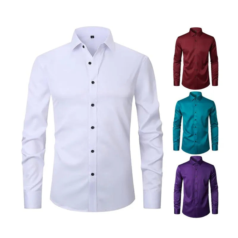 Men's stretch polyester long sleeve work shirt shown in a colour option, laid flat to show design.