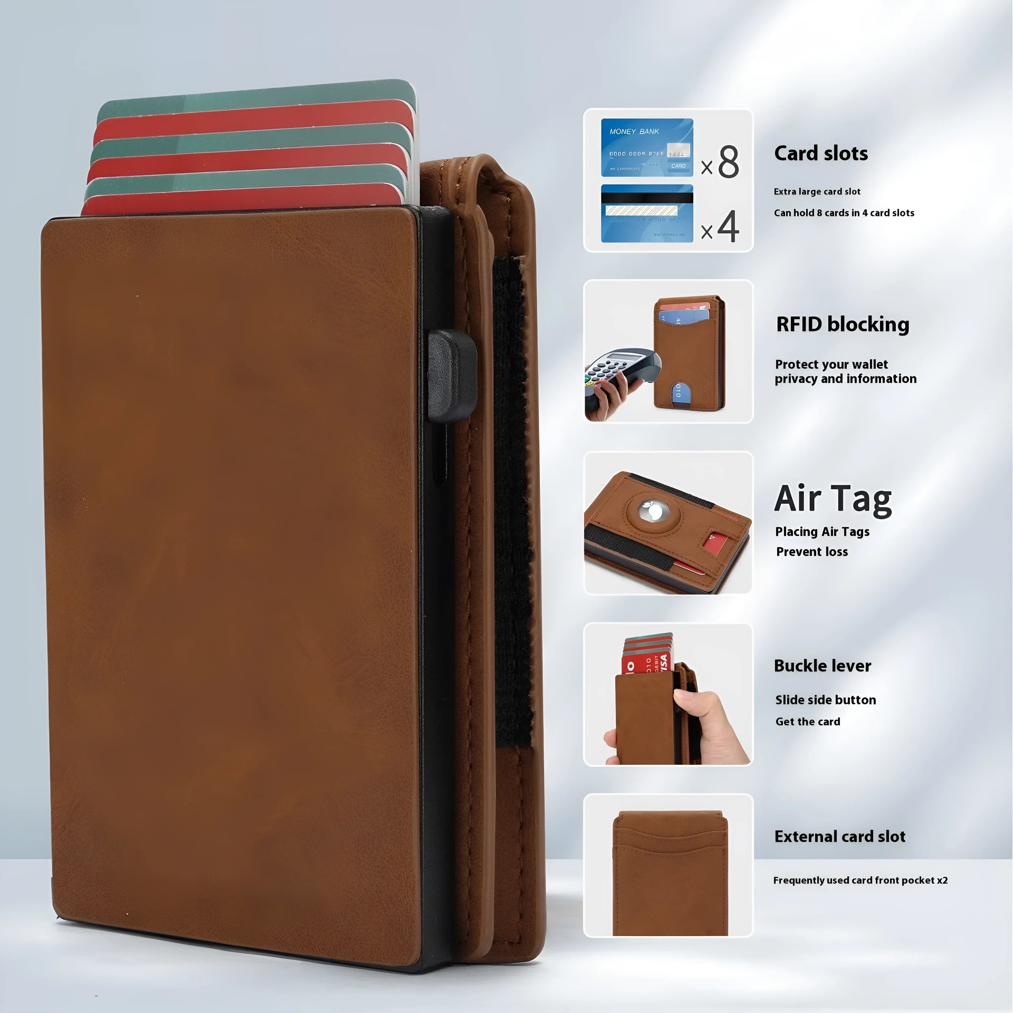 Men's synthetic leather card holder with RFID blocking in black, dark brown, and light brown colours showing card slots and front pocket