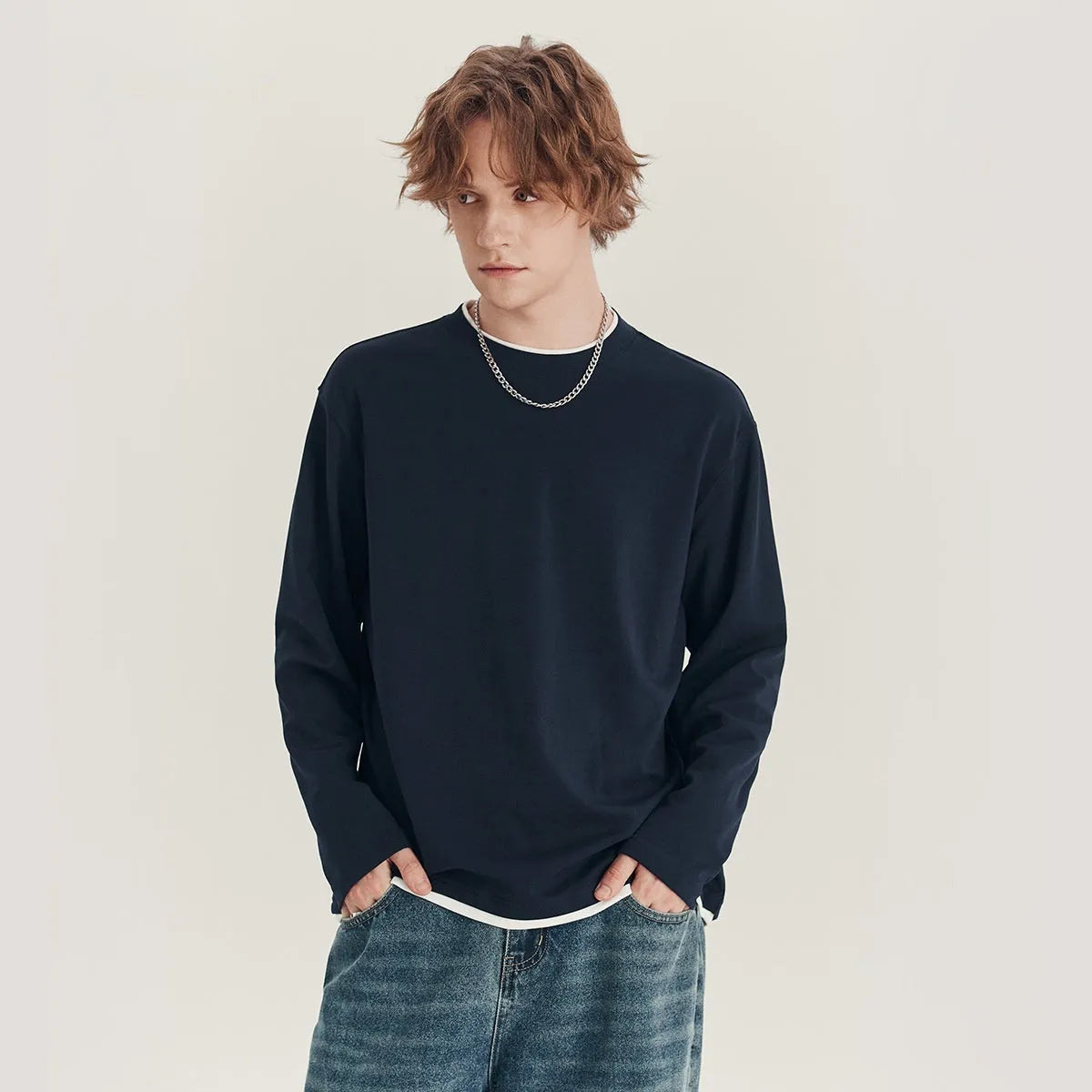 Men's loose fit long sleeve cotton blend t-shirt in melange grey colour