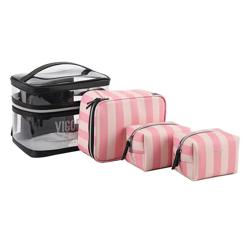 Pink bold stripe floral pattern makeup bag with folding design and waterproof synthetic leather