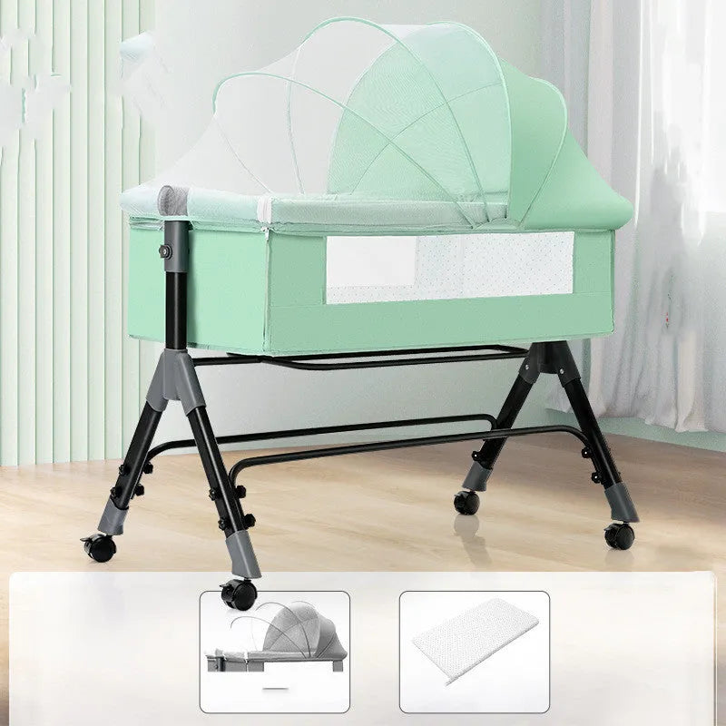 Portable folding baby crib with mosquito net and mattress, iron frame, light grey colour