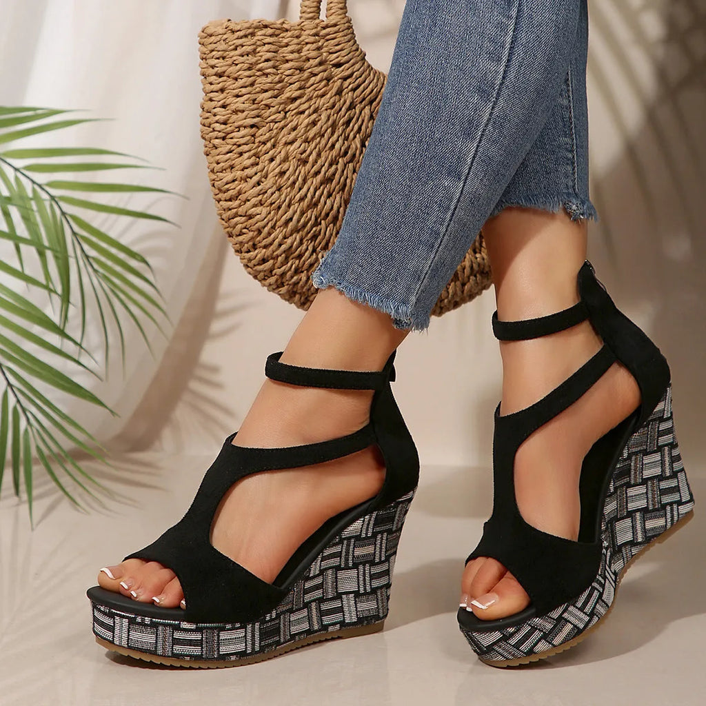 Women's cream white thick-soled ankle-strap buckle sandals with cloth upper and rubber sole.