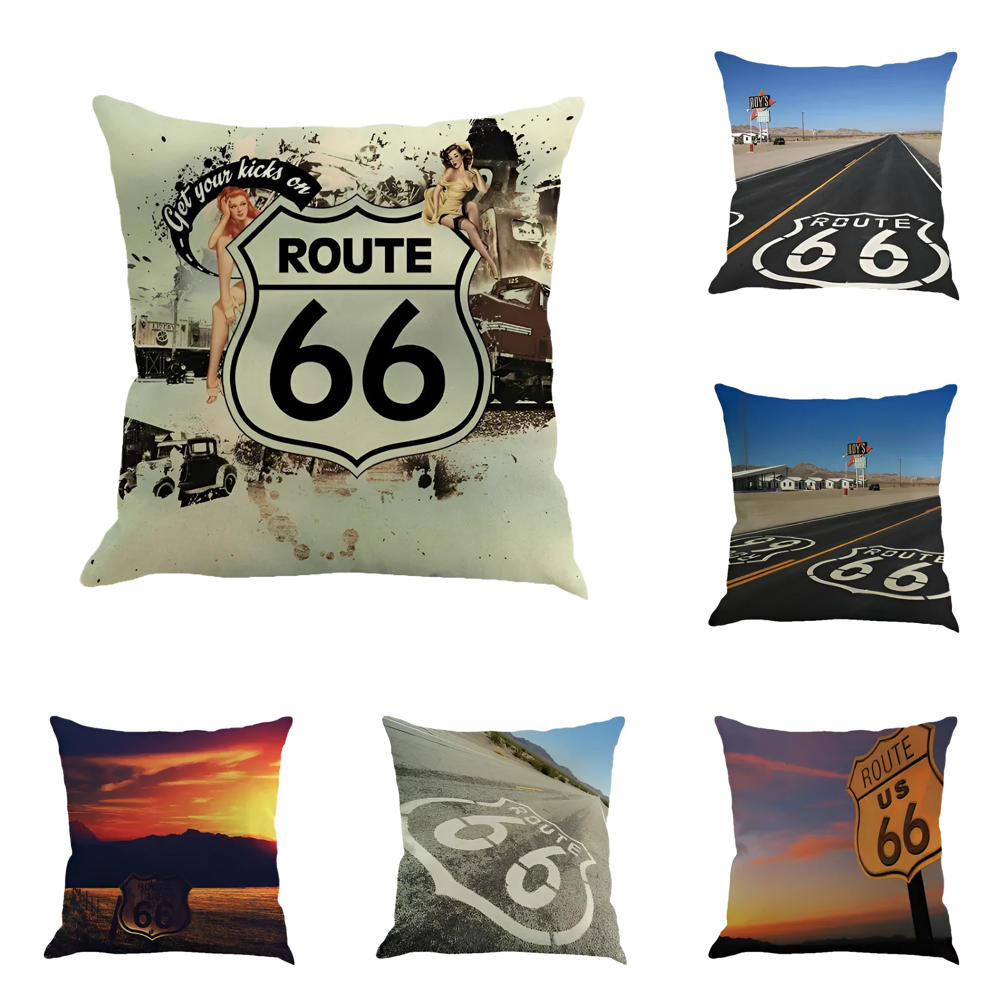 Route 66 landscape pattern linen cushion cover for 45cm square back pillow or car seat.