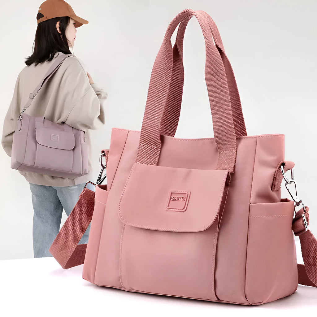 Women's multi-interlayer nylon shoulder bag in khaki, large capacity, horizontal square shape with single strap
