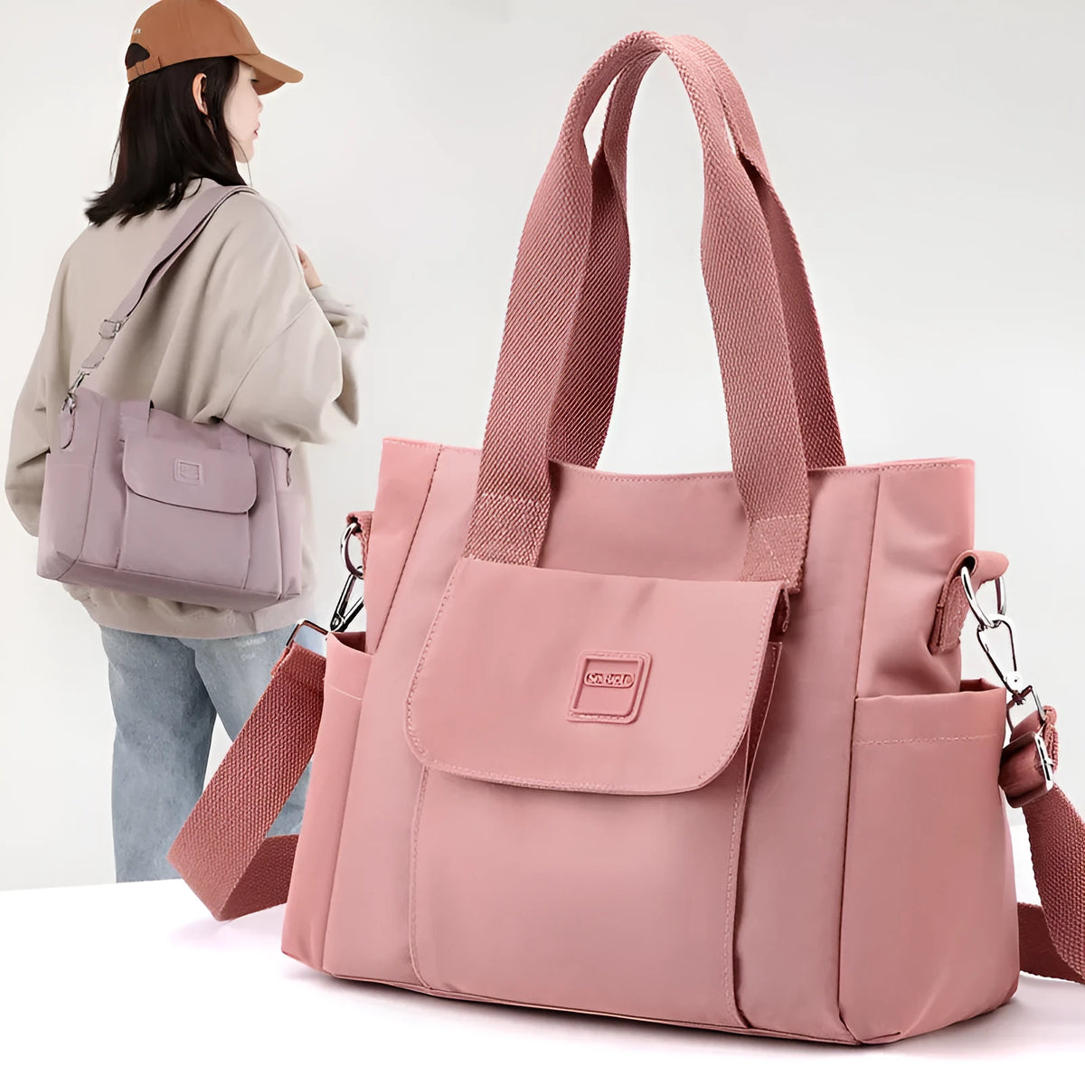 Women's multi-interlayer nylon shoulder bag in khaki, large capacity, horizontal square shape with single strap