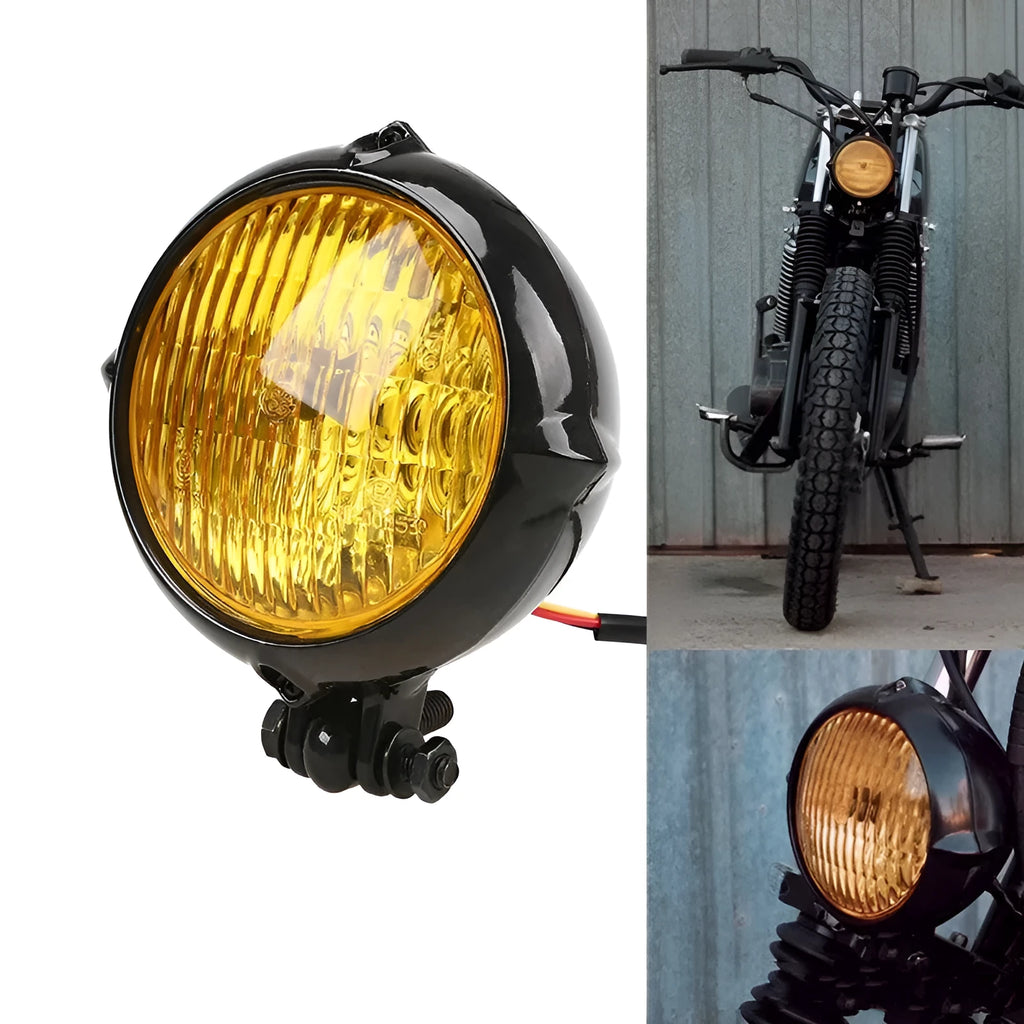 Black electroplated aluminium Harley halogen headlamp with 8cm diameter and yellow glass.