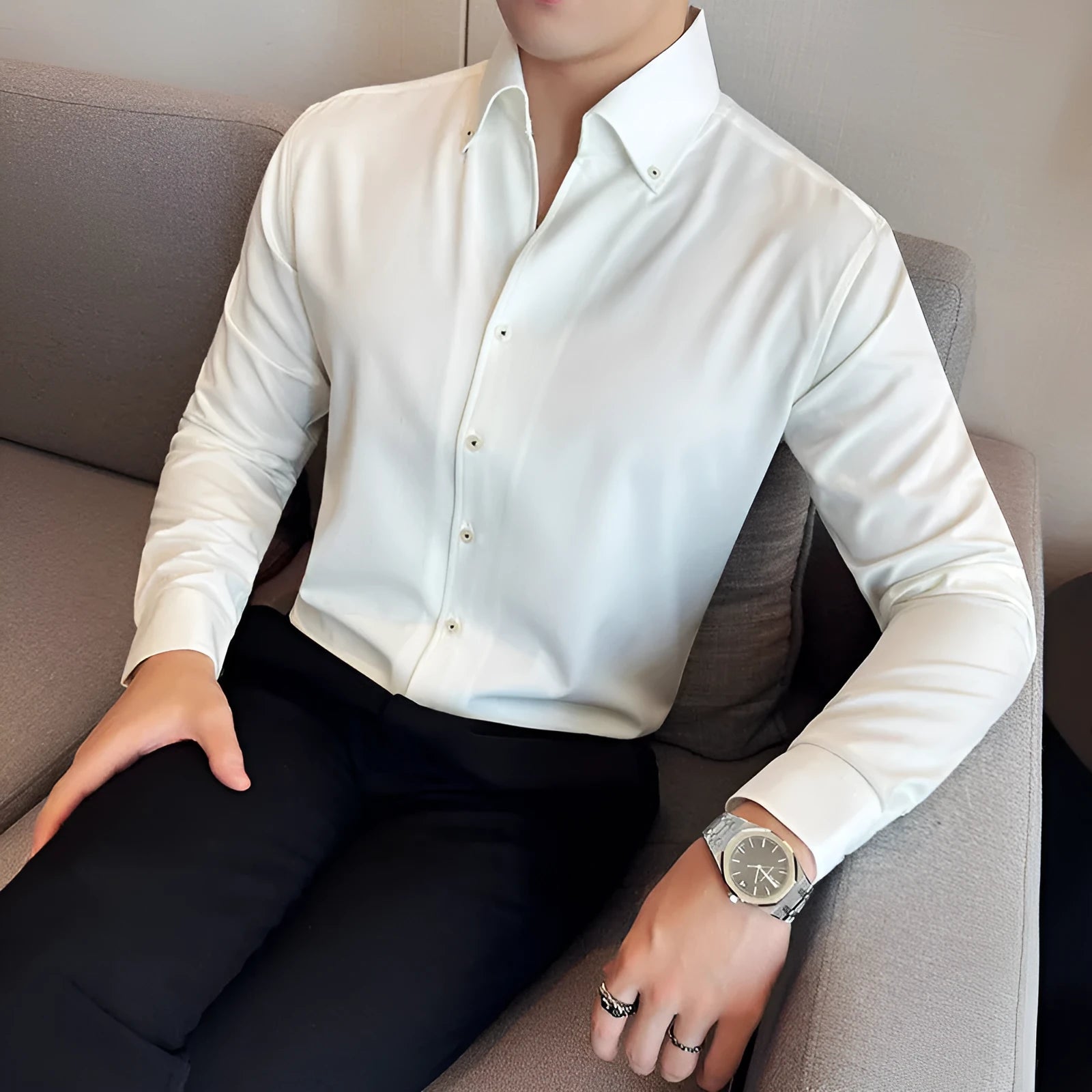 Men's slim fit long-sleeved denim shirt in black, shown in a cardigan style.
