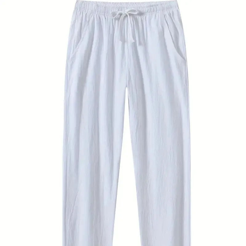 Men's loose-fit cotton beach trousers in solid white, sky blue, khaki, or black colours.