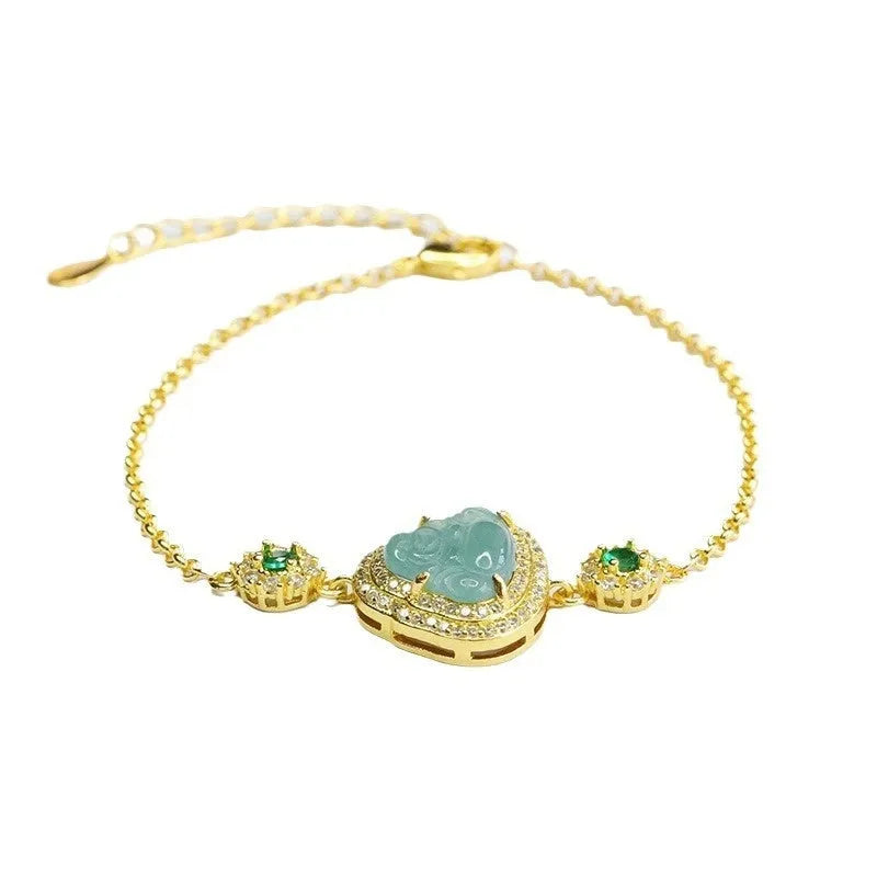 Emerald blue water Buddha jade bracelet for women showing 10x13mm dimensions and inlaid details