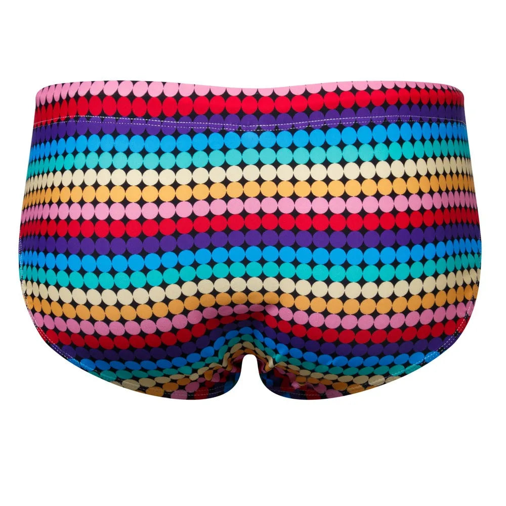 Men's low waist triangle nylon swimming trunks in solid colour with pattern, front view