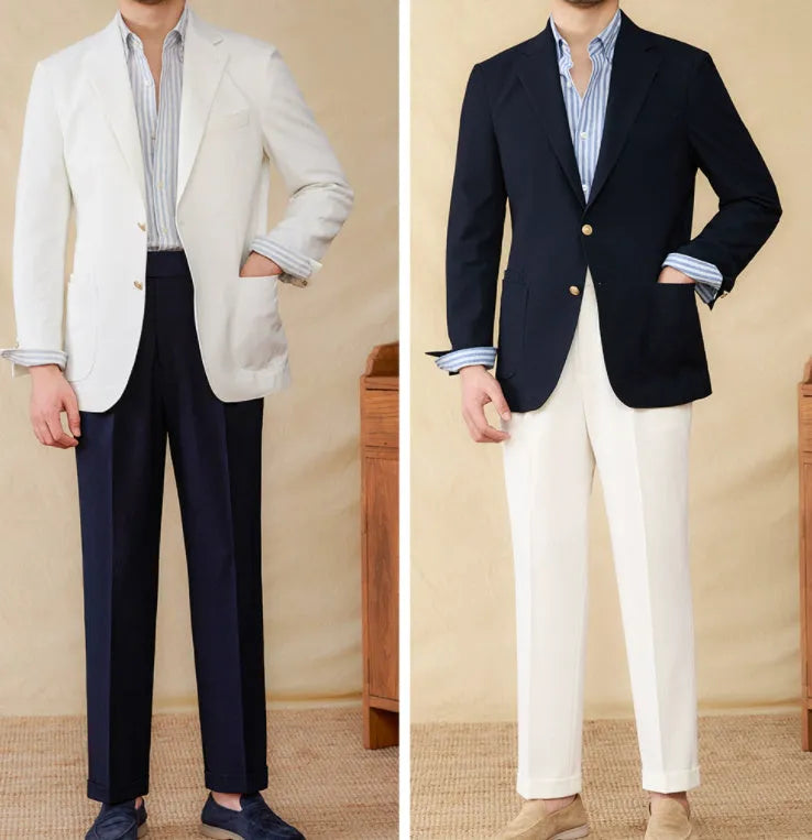 Seersucker single-breasted slim-fit suit blazer in navy blue with double rear slits for summer wear