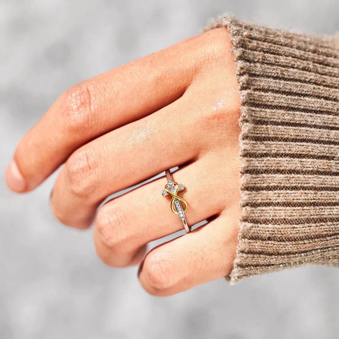 S925 sterling silver two-tone infinite cross ring with geometric line design and adjustable opening