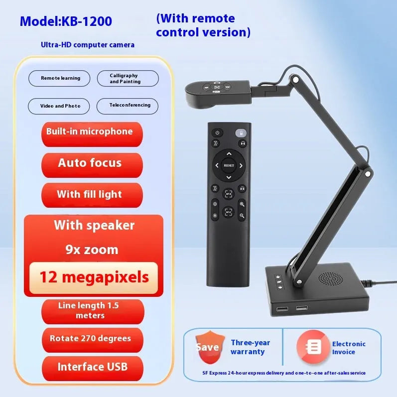 Black USB computer webcam with microphone on a desk, showing its compact design and attached data cable.
