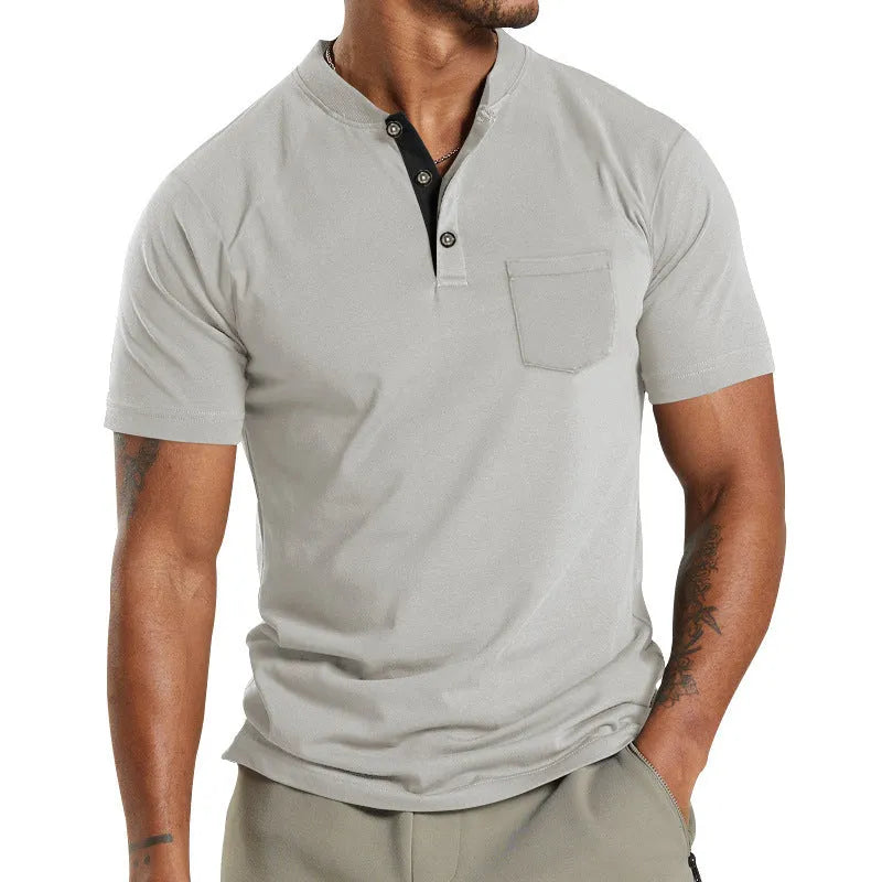 Men's plus size short sleeve button-down shirt in light khaki with a chest pocket.