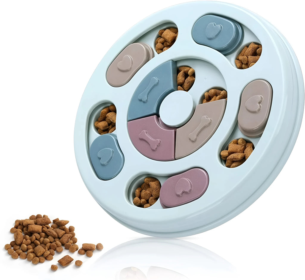 Blue dog puzzle toy slow feeder with sliding parts on floor