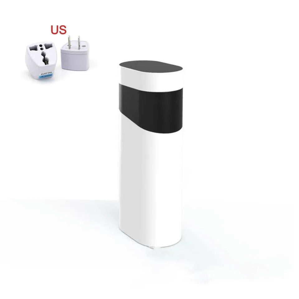 Black portable instant water dispenser with digital display on a wooden desktop.
