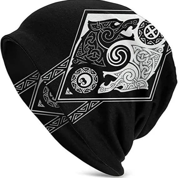 Long sleeve beanie hat with printed Viking wolf design and double-layer elastic cap