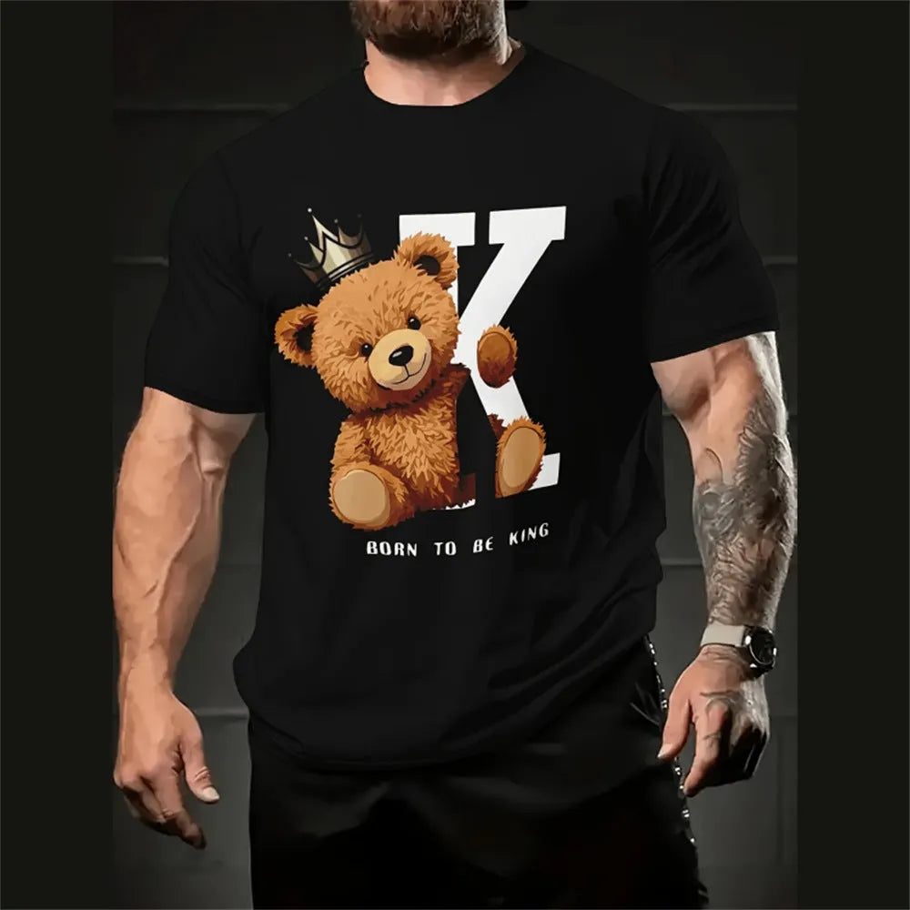 Man wearing a loose-fit short sleeve t-shirt with a colourful 3D printed cartoon design.