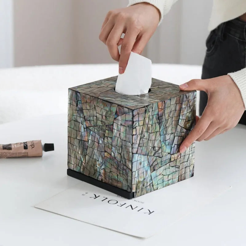 Modern minimalist rectangular shell storage box with removable organiser for tissues and small items.