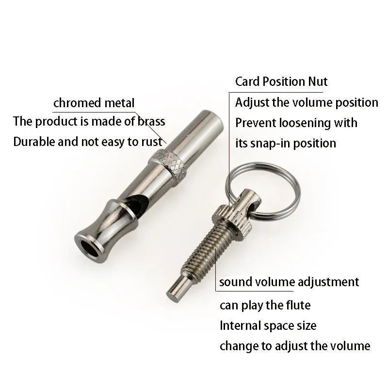 Metallic adjustable ultrasonic dog whistle for training and barking control.