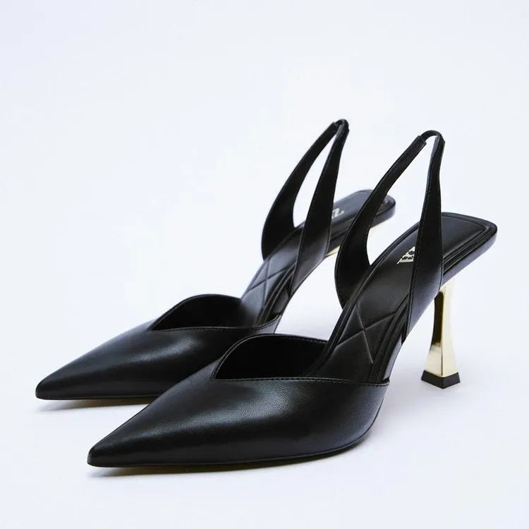 Women's glossy patent leather pointed toe high heels in black and apricot colours.