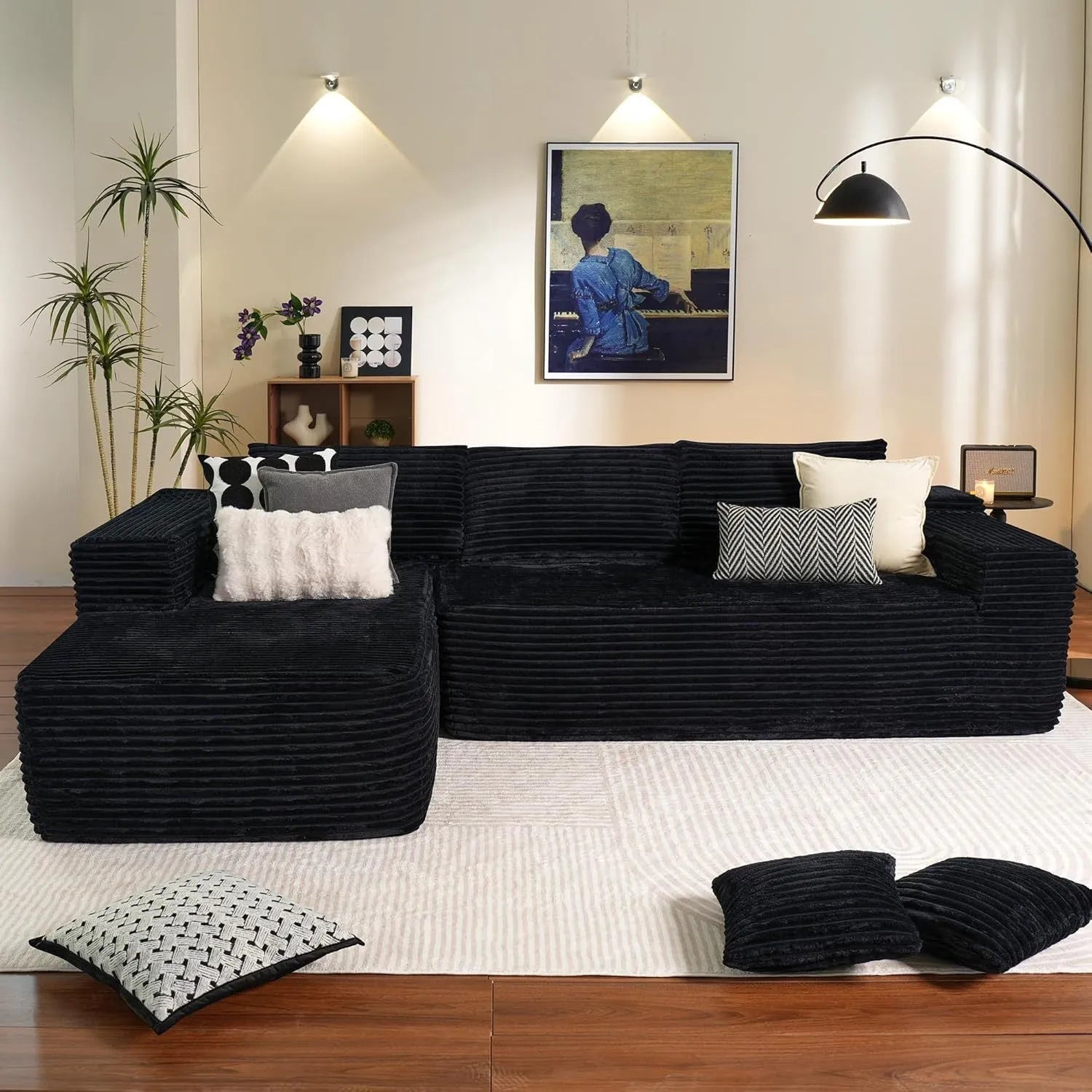 Modern minimalist flannel sofa in beige with clean lines suitable for living room or office setting