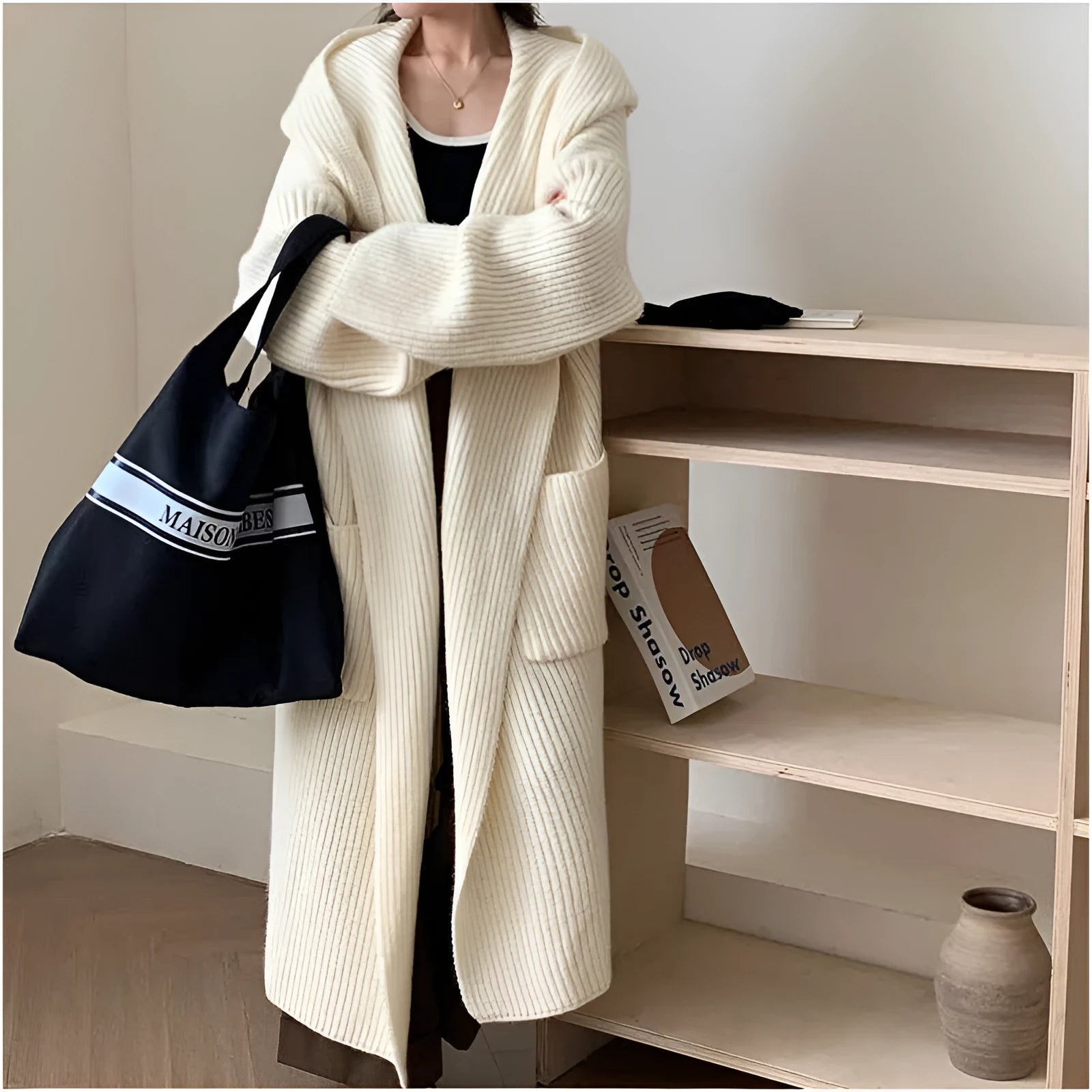 Women's loose hooded acrylic cardigan coat with raglan sleeves in milky white colour