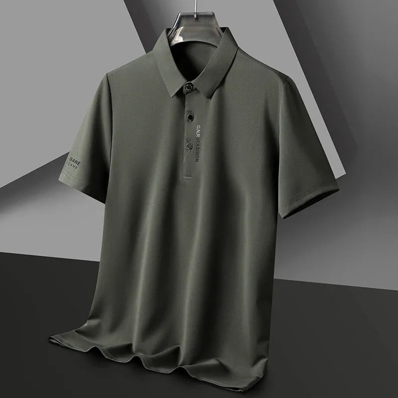 Men's waffle short sleeve polo shirt in bean green, loose fit with side slits, on plain background