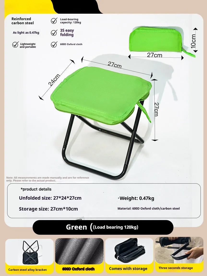 A folded lightweight camp stool with an Oxford cloth seat in a choice of colours.