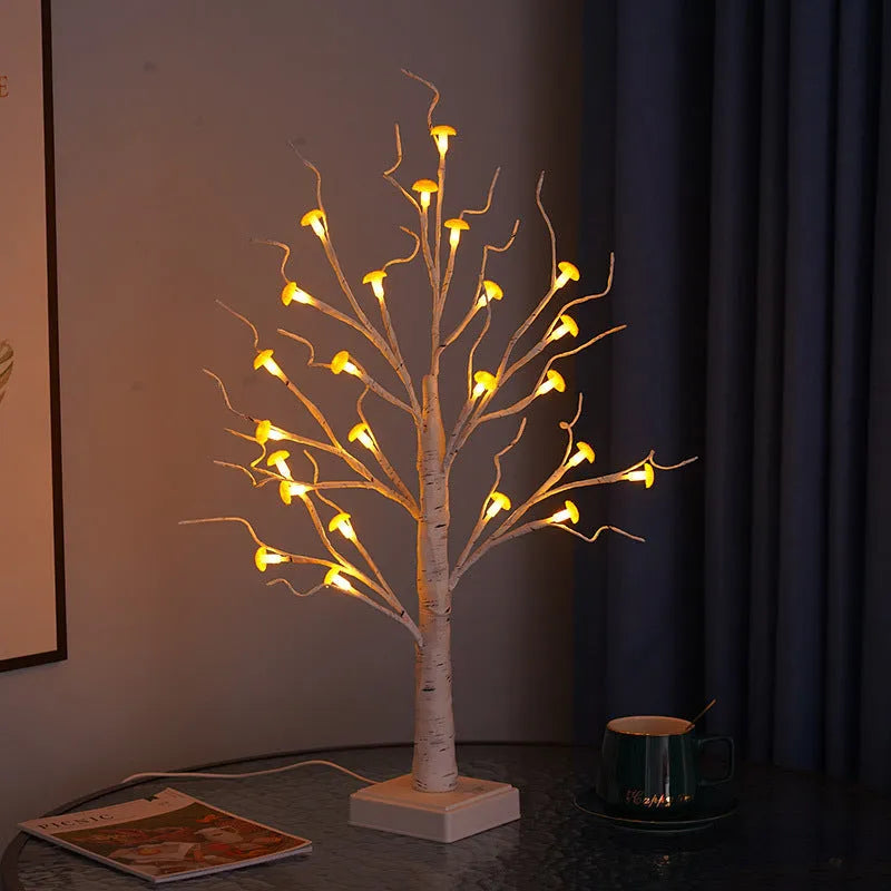60cm tall mushroom tree lamp with birch design and 24 detachable flowers, warm LED lighting