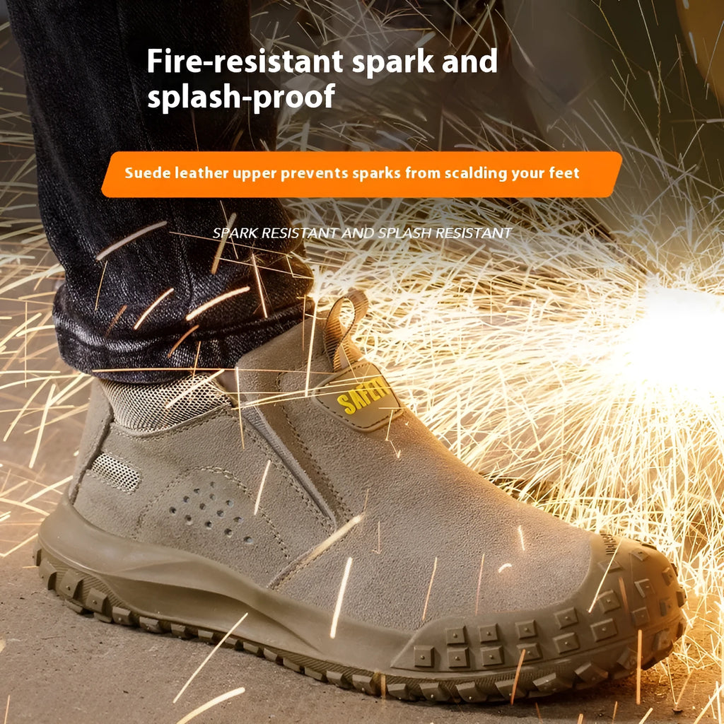 Mid-calf welding safety shoes with steel toe in gray colour, showing suede leather steel cloth upper construction