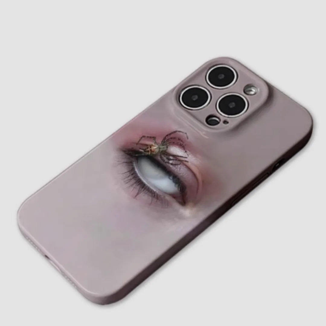 Dark heterochromatic spider pattern on a frosted resin iPhone case for iPhone 15 Pro Max and 16 Pro Max.