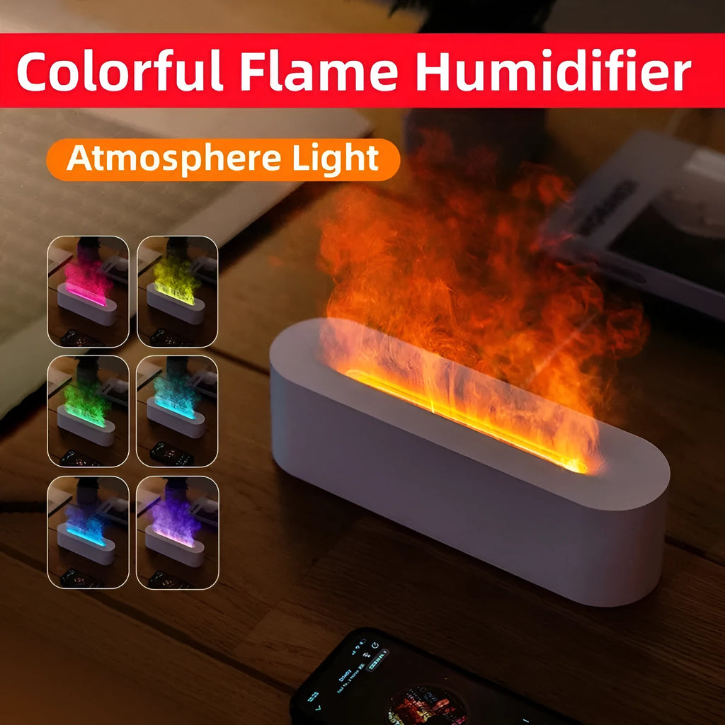 White square ultrasonic flame aroma diffuser and humidifier with LED light on a table.