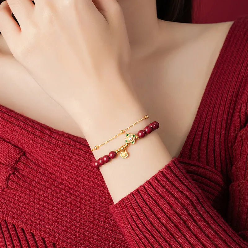Sterling silver women's bracelet with Ruyi Xiangyun cinnabar flower design in geometric shape