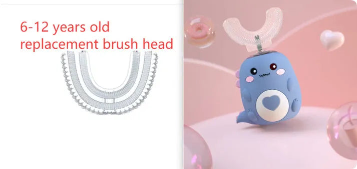 Children's electric toothbrush with food grade silicone U-shaped head, 360 degree automatic cleaning, USB charging, available in Little Dinosaur Pink, Blue, Green