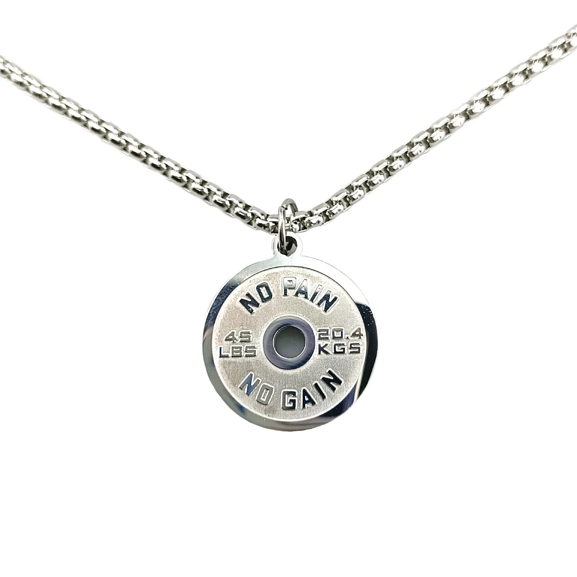 Polished stainless steel barbell disk pendant necklace on a choice of pearl, gold, or black 60cm chain.