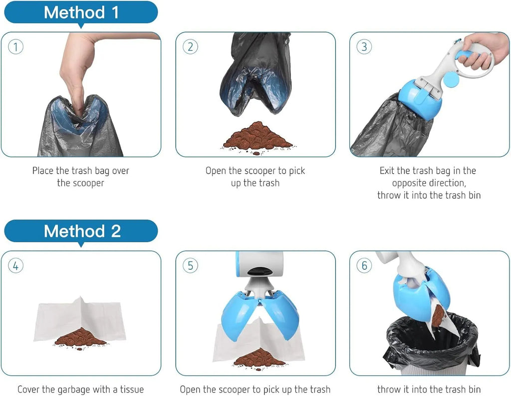 Blue pet pooper scooper with integrated trash bag holder and top carry hook.