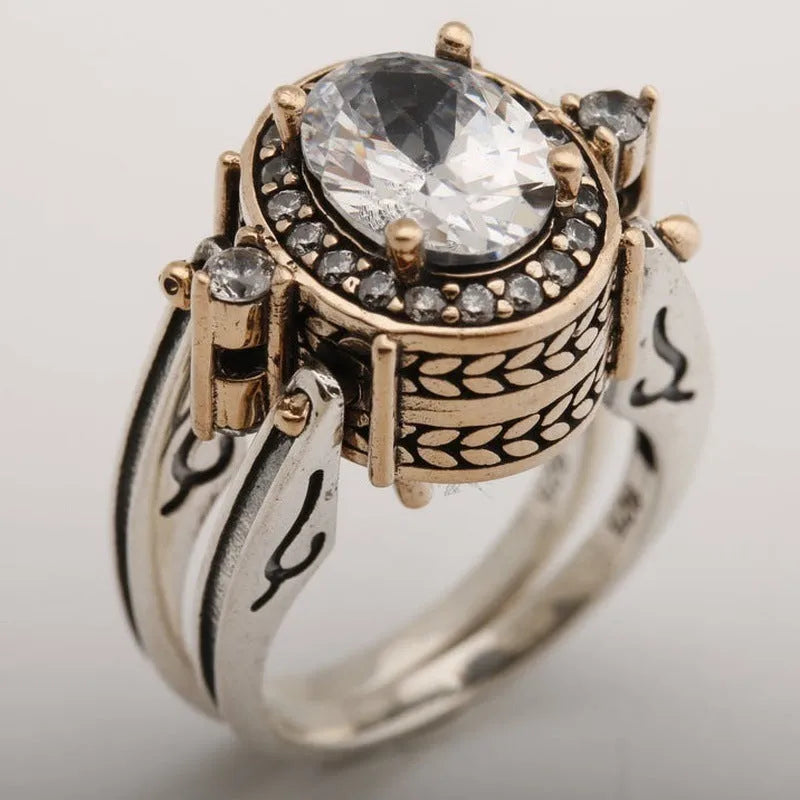 925 Silver Bi-color geometric alloy ring in white finish on white background