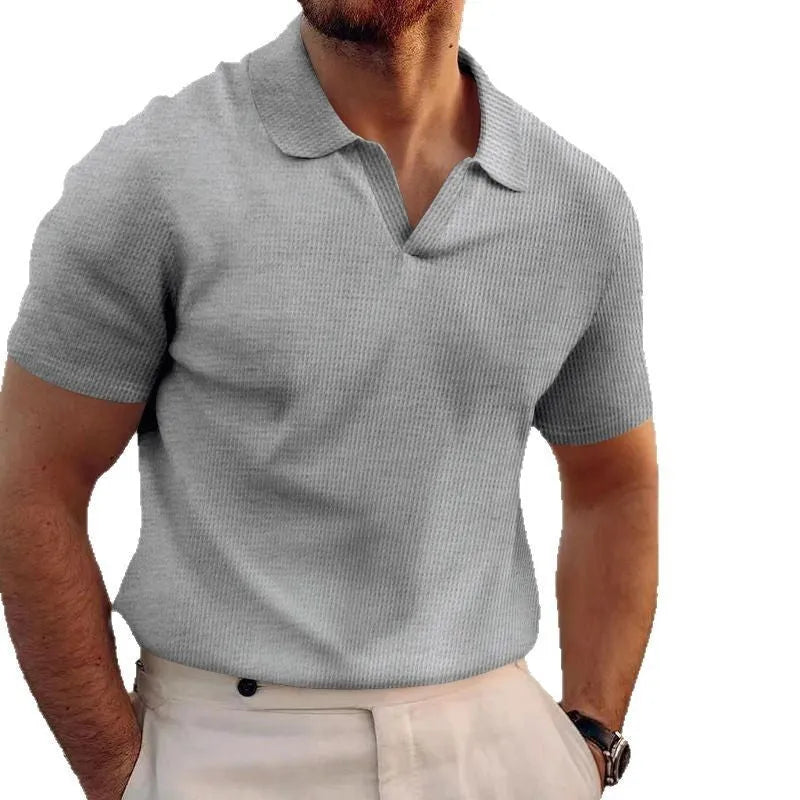 Men's black waffle fabric lapel t-shirt with short sleeves in slim fit