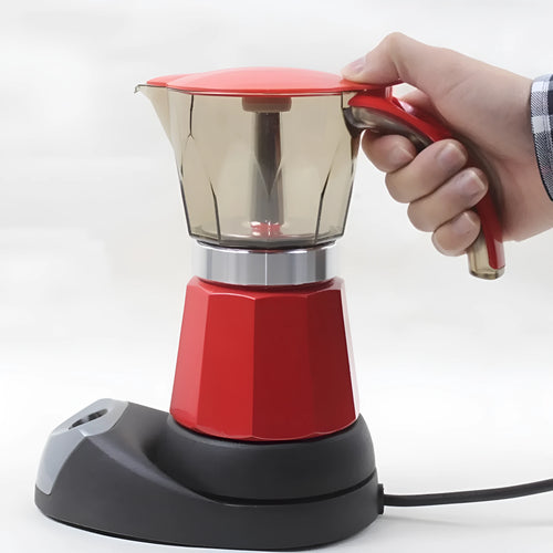 Octagonal aluminium moka pot coffee maker with electric base in silver, green, yellow, red or blue colour