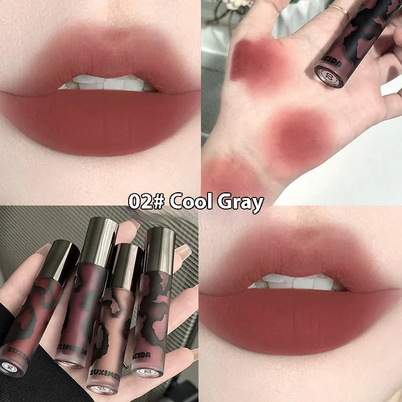 Lava Secret Matte Lip Mud Lipstick in five colour shades: orange brown coffee, cool grey, cinnamon coffee, jujube red, smoked purple.