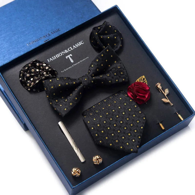 Men's 8-piece rayon jacquard bow tie set, heart shape arrow style, monochrome pattern, 146cm length