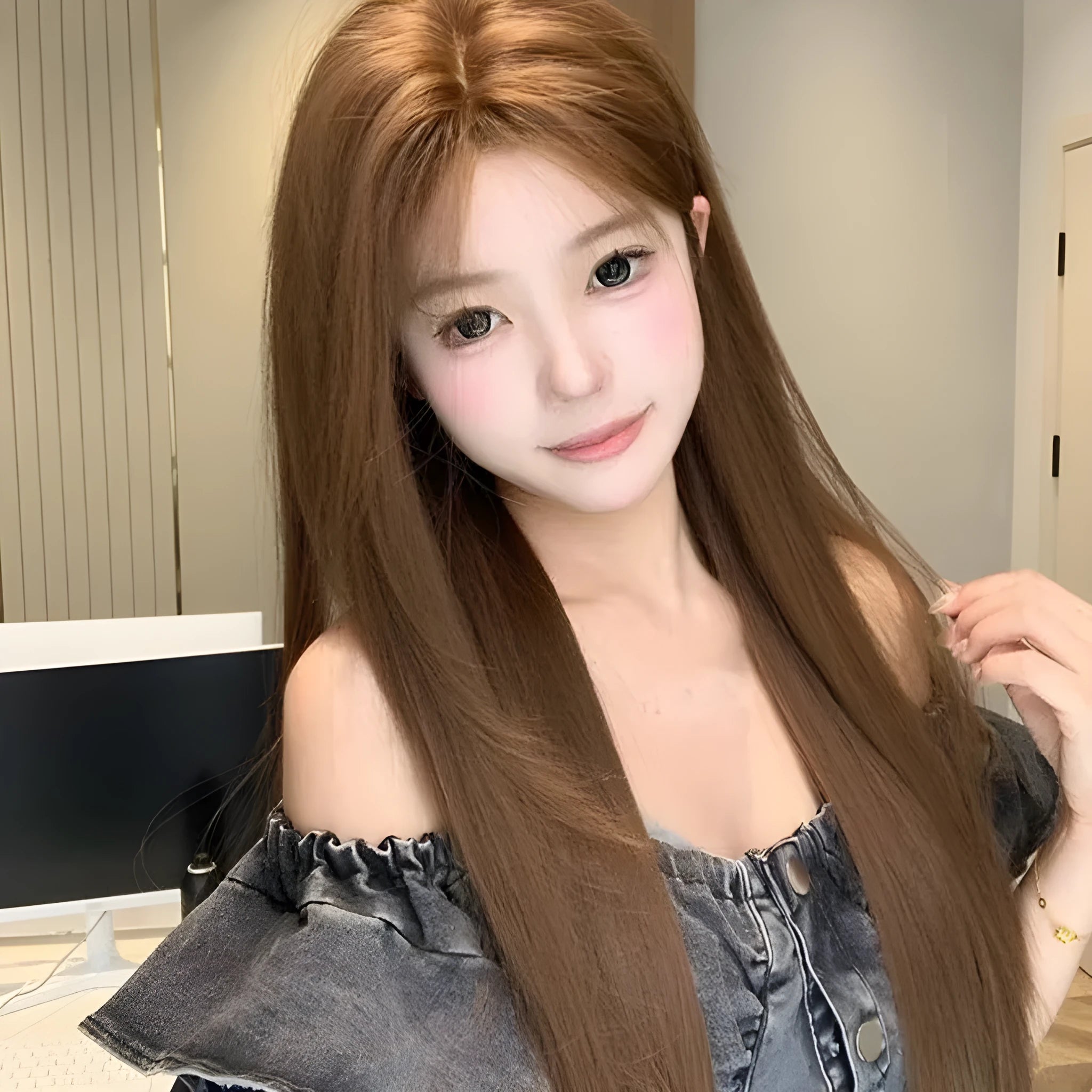 Warm brown long straight wig with centre-parted bangs and forehead lace construction